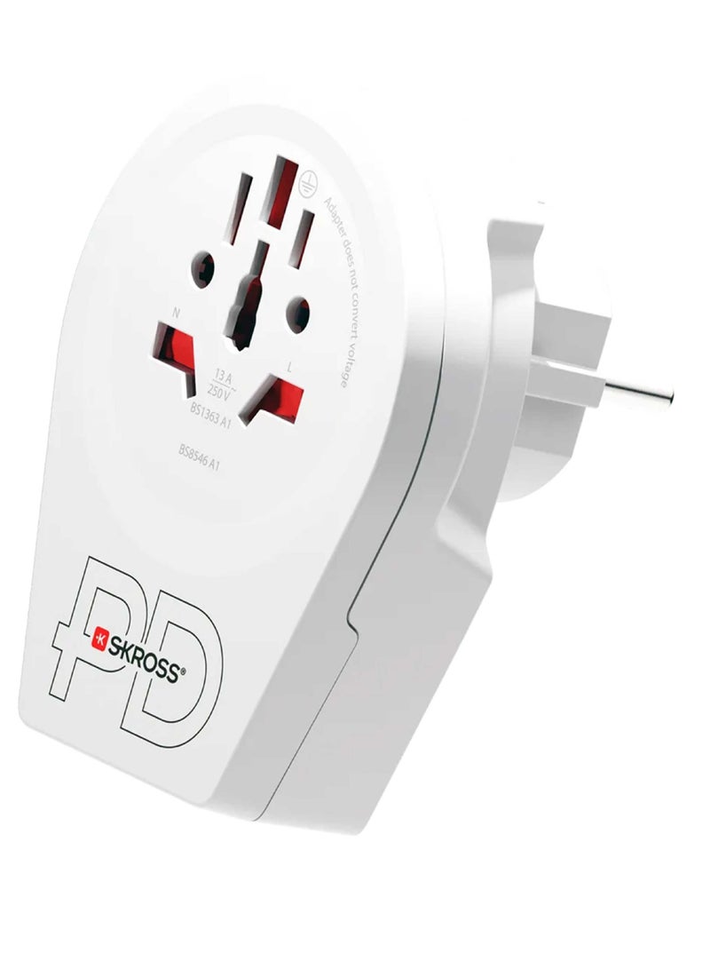 SKROSS Universal travel adapter with multiple input ports. Wourld plug adapter Converts to a (2-pin Europe plug). Features two charging ports (Type c & USB). Type c charger supports (PD) & (QC) fast charging. Travel adapter has advanced protection against overvoltage and overheating. - Image 1