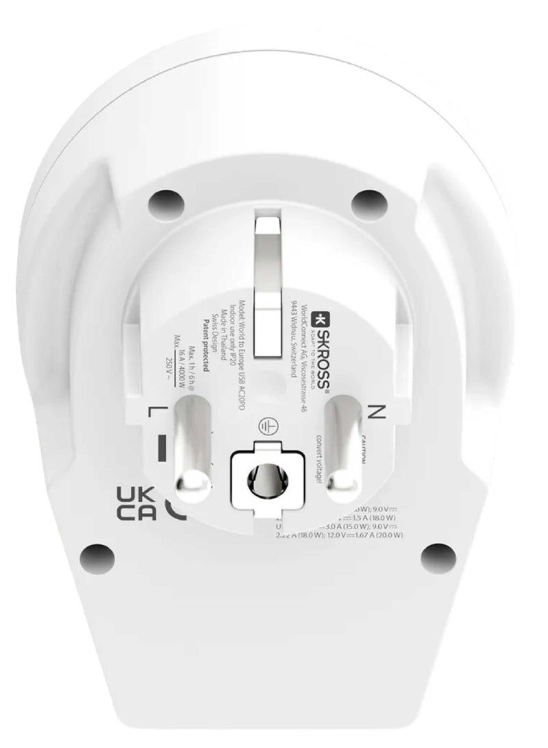 SKROSS Universal travel adapter with multiple input ports. Wourld plug adapter Converts to a (2-pin Europe plug). Features two charging ports (Type c & USB). Type c charger supports (PD) & (QC) fast charging. Travel adapter has advanced protection against overvoltage and overheating. - Image 2