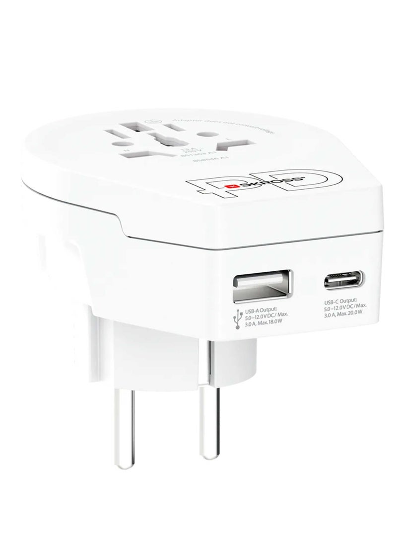 SKROSS Universal travel adapter with multiple input ports. Wourld plug adapter Converts to a (2-pin Europe plug). Features two charging ports (Type c & USB). Type c charger supports (PD) & (QC) fast charging. Travel adapter has advanced protection against overvoltage and overheating. - Image 3