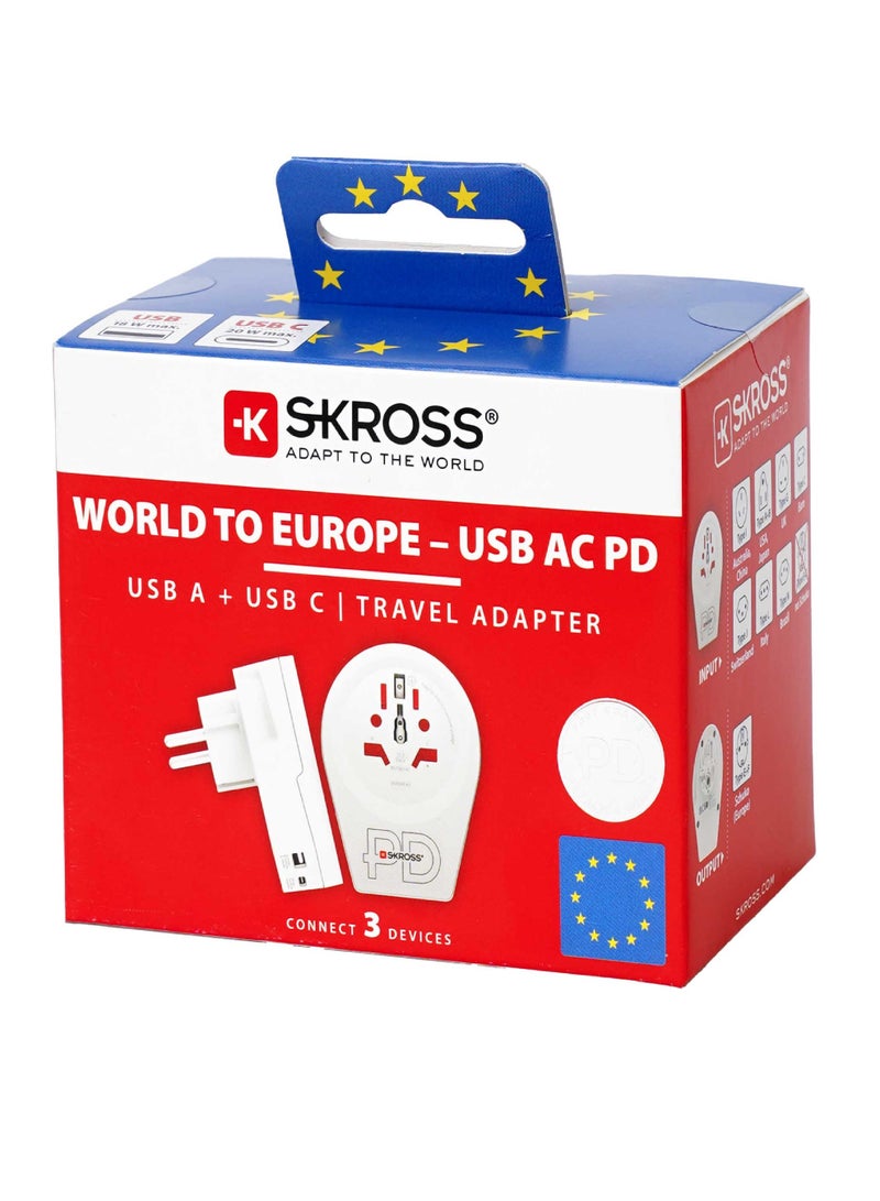 SKROSS Universal travel adapter with multiple input ports. Wourld plug adapter Converts to a (2-pin Europe plug). Features two charging ports (Type c & USB). Type c charger supports (PD) & (QC) fast charging. Travel adapter has advanced protection against overvoltage and overheating. - Image 4