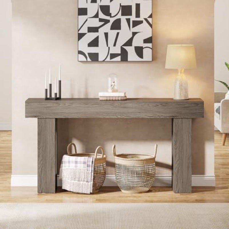160cm Long Console Table Wooden Rectangular Sofa Table Behind The Couch Farmhouse Entryway Table for Entrance Hallway Living Room Grey - Image 5