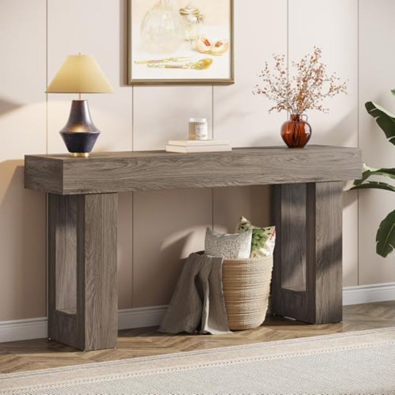 160cm Long Console Table Wooden Rectangular Sofa Table Behind The Couch Farmhouse Entryway Table for Entrance Hallway Living Room Grey - Image 1