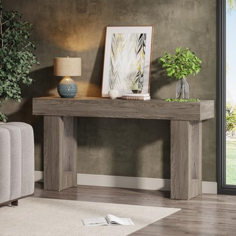 160cm Long Console Table Wooden Rectangular Sofa Table Behind The Couch Farmhouse Entryway Table for Entrance Hallway Living Room Grey - Image 3