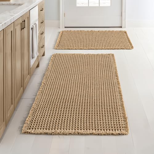 MIULEE Set of 2 Waffle Bathroom Rugs, Boho Bath Rugs Non Slip Washable, Super Absorbent Bath Mats, Ultra Soft Rubber Backed Shower Mats for Bathroom Floor, Tub, Brown, 17"x24"+18"x30" - Image 1