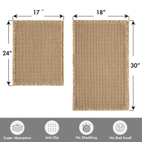 MIULEE Set of 2 Waffle Bathroom Rugs, Boho Bath Rugs Non Slip Washable, Super Absorbent Bath Mats, Ultra Soft Rubber Backed Shower Mats for Bathroom Floor, Tub, Brown, 17"x24"+18"x30" - Image 2