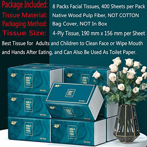 Pormasbenzer 8 Packs Disposable Facial Tissue, Toilet Paper, Native Wood Pulp Fiber Material, Soft Facial Napkin, White Facial Paper Tissue, 4-Ply, 400 Sheets per Pack - Image 3
