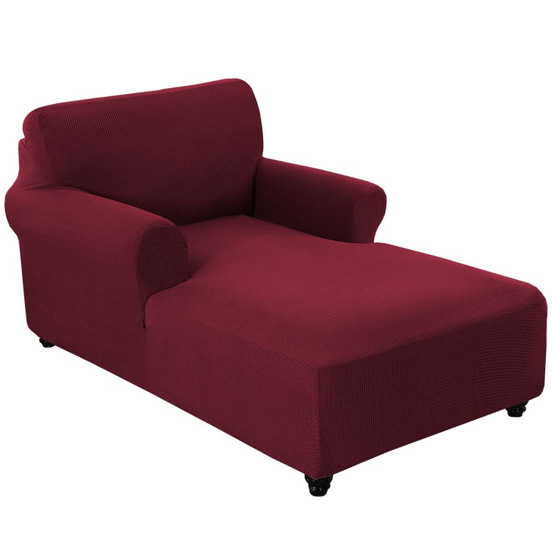 FantasDecor Chaise Lounge Cover Stretch Chair Lattice Slipcover with Armrests for Living Room Bedroom Double Arm Soft Jacquard Fabric Machine Washable Burgundy