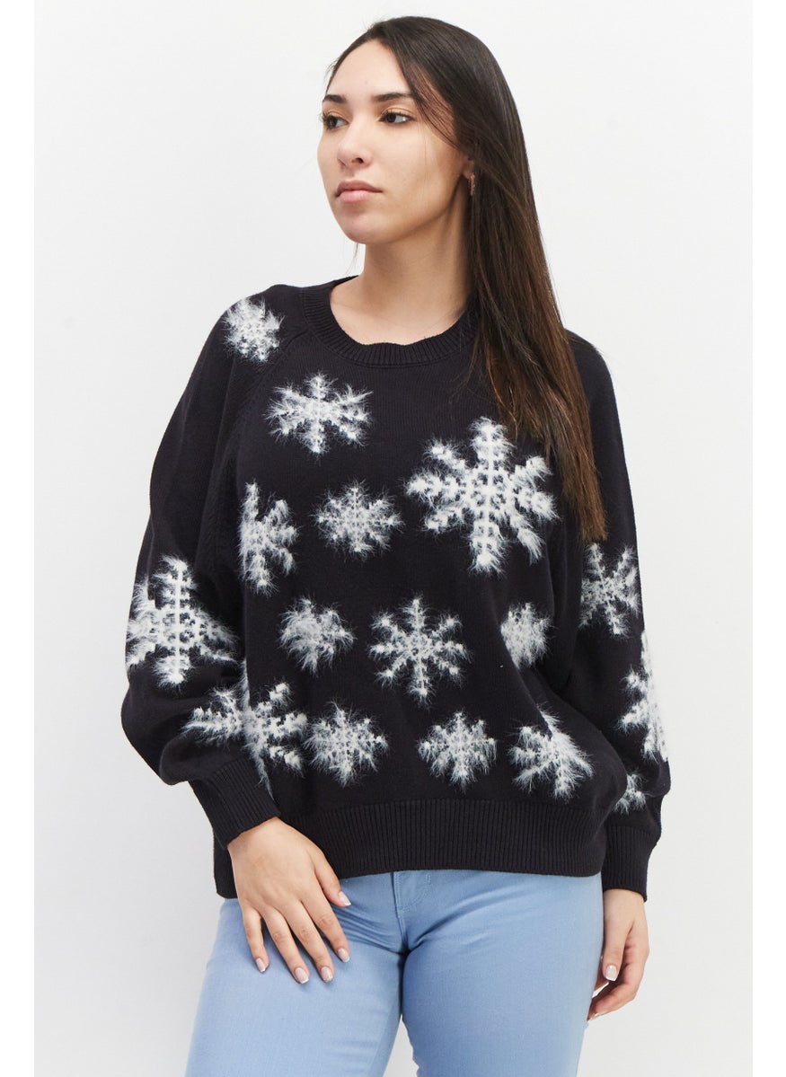 EDC Women Crew Neck Textured Sweater, Black  - Image 1