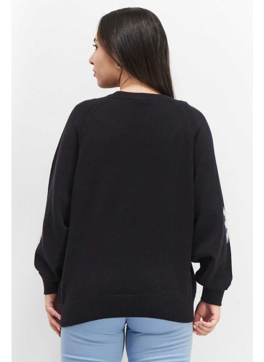 EDC Women Crew Neck Textured Sweater, Black  - Image 4