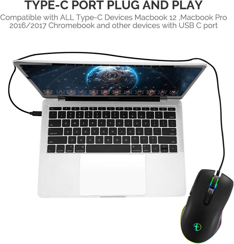 ايولوني فأرة من نوع USB-C، فأرة سلكية USB-C للألعاب، تصميم مريح، إضاءة خلفية RGB بأربعة ألوان، 3200 نقطة في البوصة، متوافقة مع M@c وMatebook وChromebook وHP OMEN وأجهزة الكمبيوتر الشخصية التي تعمل بنظام Windows وأجهزة الكمبيوتر المحمولة والمزيد من أجهزة USB Type-C (اللون الأسود) - Image 5