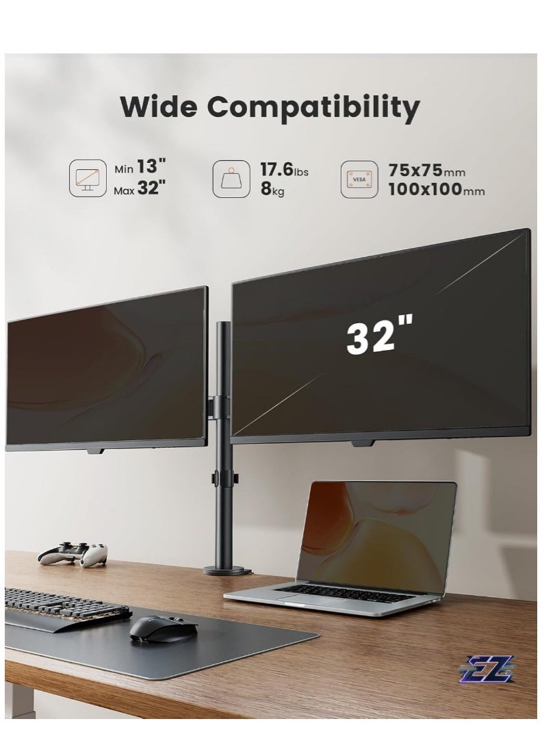 ELTRAZONE Dual Monitor Stand for 13 to 32 Inch Screens, Dual Monitor Arm Mount Ergonomic Viewing Angle, Adjustable Tilt ±45°/ Swivel 180°/ Rotate 360°/ VESA 75/100mm  - Image 2