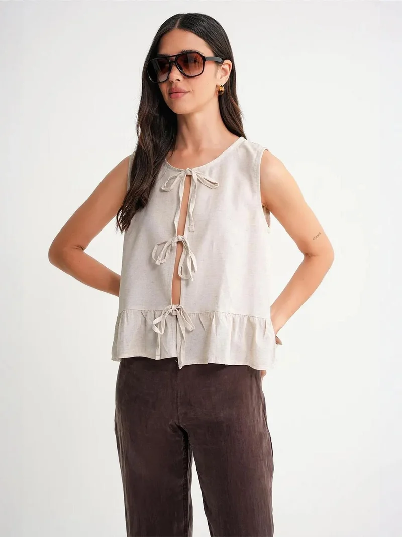 Mixray Natural Mixray Frilly Tie Front Blouse for Women | Best Price UAE