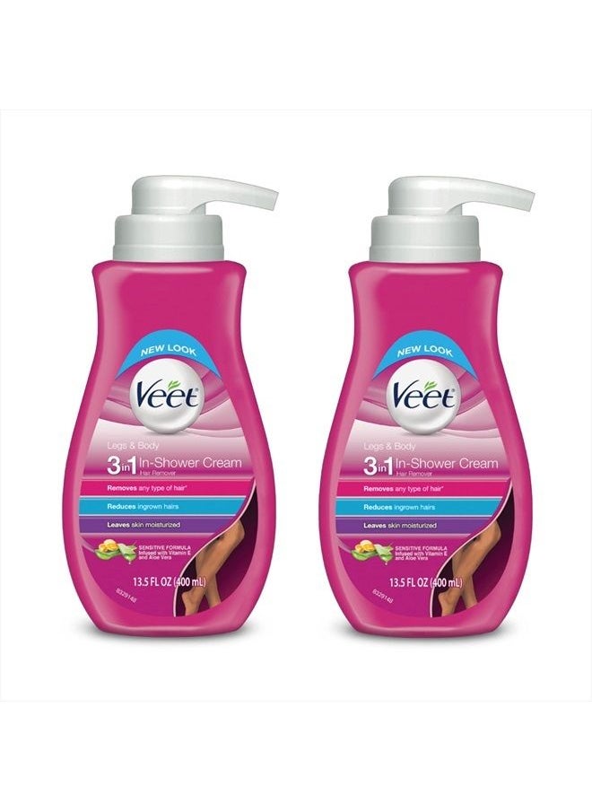 Veet - Hair Removal Cream - Veet Legs & Body In Shower Cream Hair Remover, Sensitive Formula with Aloe Vera and Vitamin E, 13.5 fl oz Pump Bottle (Pack of 2) - Image 1