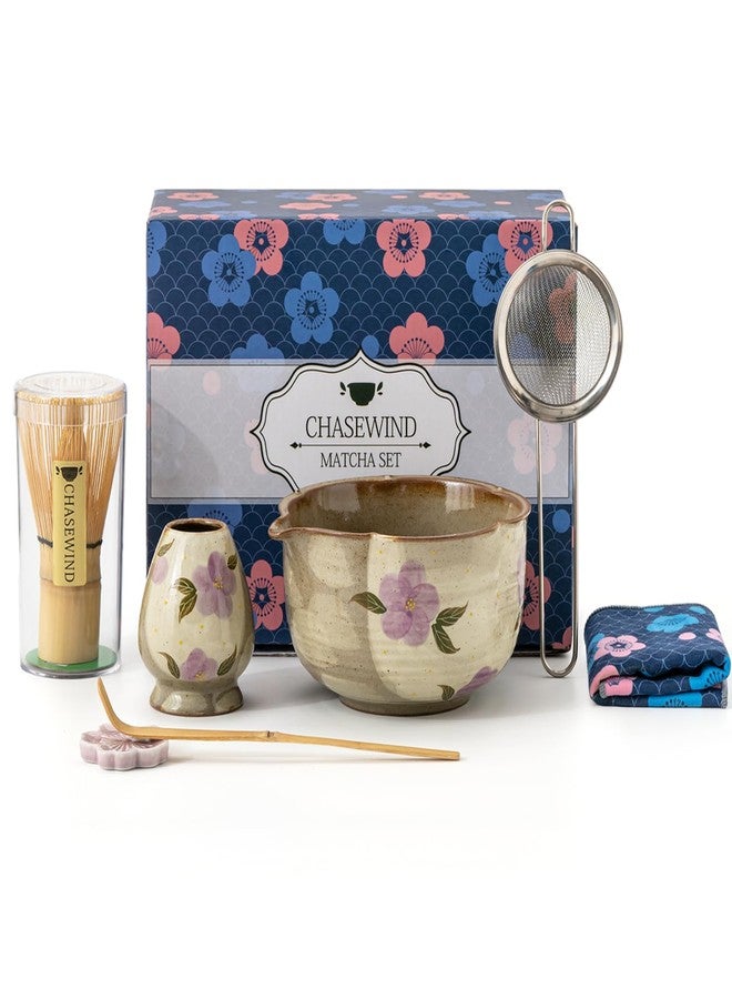 ChaseWind Matcha Whisk Set, 7Pcs Matcha Set with Hand-Painted Ceramic Matcha Bowl, Matcha Whisk and Holder, Scoop and Rest, Sifter, Tea Towel, Artisan Matcha Kit for Ceremony & Gifting (Purple) - Image 1