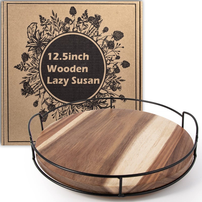 Tomoaza 125 Acacia Wood Lazy Susan Turntable with Handles Tomoaza Kitchen Organizer Turntable with Steel Sides 360 Degree Turntable for Countertop Cabinet or Dining Table Black 
