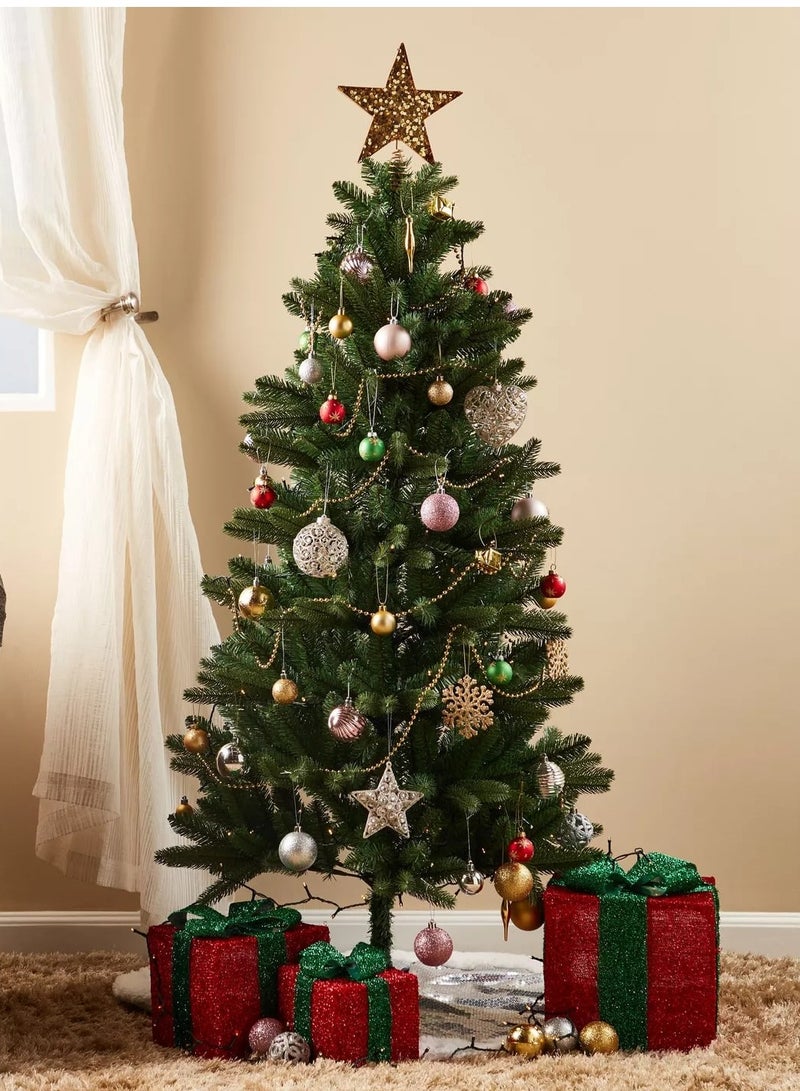 Santa شجرة عيد الميلاد الاصطناعية من الصنوبر الحقيقي بارتفاع 7 أقدام - 1200 فرع كامل لشجرة عيد الميلاد للمنزل والمكتب - تجميع سهل، قاعدة معدنية قوية، مزينة بحزمة زينة مختلطة مكونة من 37 قطعة - Image 1