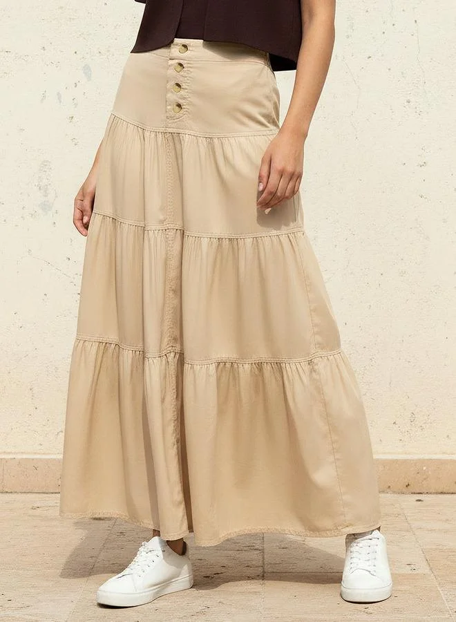 Splash FAV Maxi Length Cotton Tiered Skirt with Button Detail