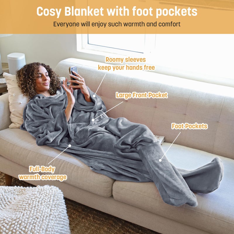 Catalonia Wearable Fleece Blanket with Sleeves and Foot Pockets for Adult Women Men, Micro Plush Comfy Wrap Sleeved Throw Blanket Robe Large, Grey - Image 4