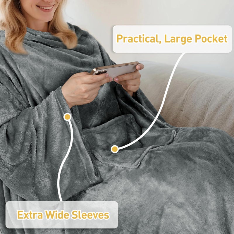 Catalonia Wearable Fleece Blanket with Sleeves and Foot Pockets for Adult Women Men, Micro Plush Comfy Wrap Sleeved Throw Blanket Robe Large, Grey - Image 5