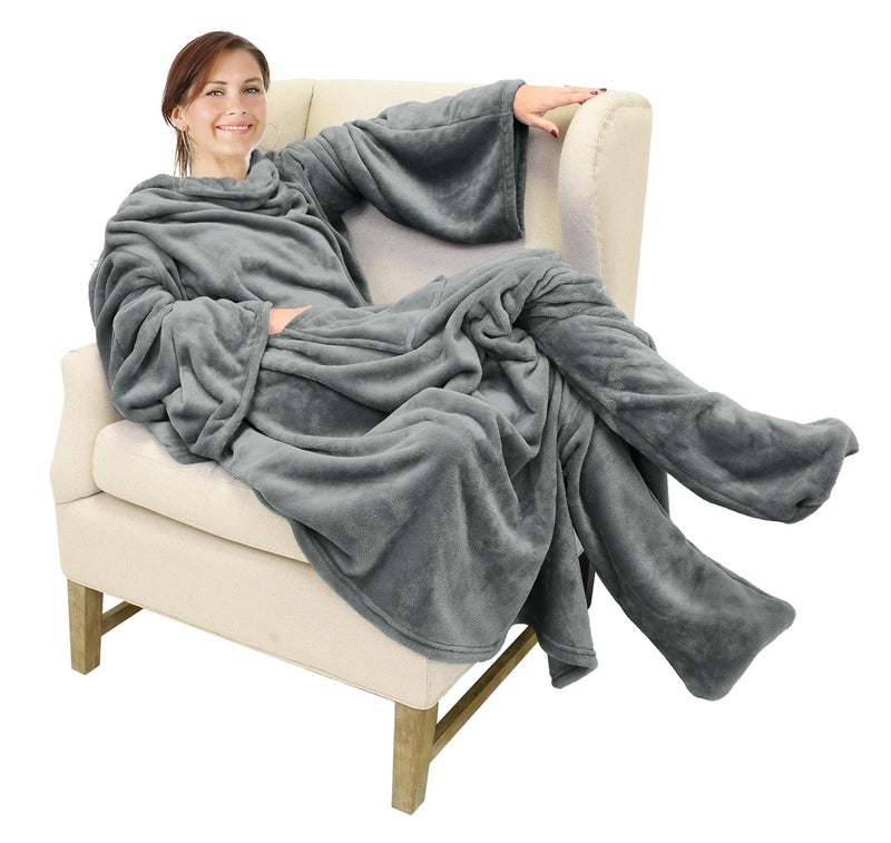 Catalonia Wearable Fleece Blanket with Sleeves and Foot Pockets for Adult Women Men, Micro Plush Comfy Wrap Sleeved Throw Blanket Robe Large, Grey - Image 1