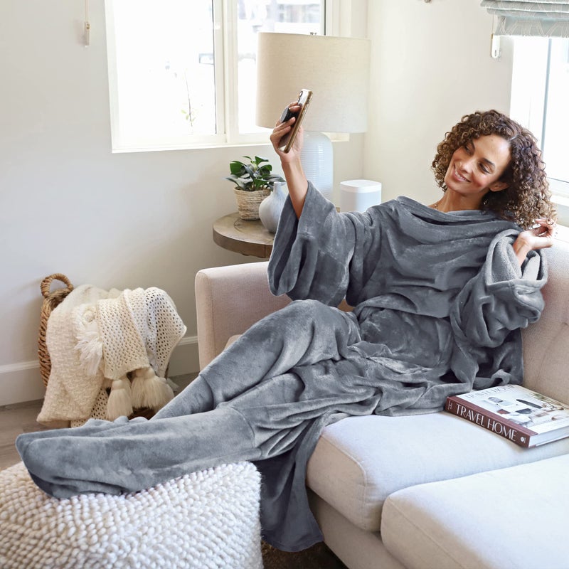 Catalonia Wearable Fleece Blanket with Sleeves and Foot Pockets for Adult Women Men, Micro Plush Comfy Wrap Sleeved Throw Blanket Robe Large, Grey - Image 2