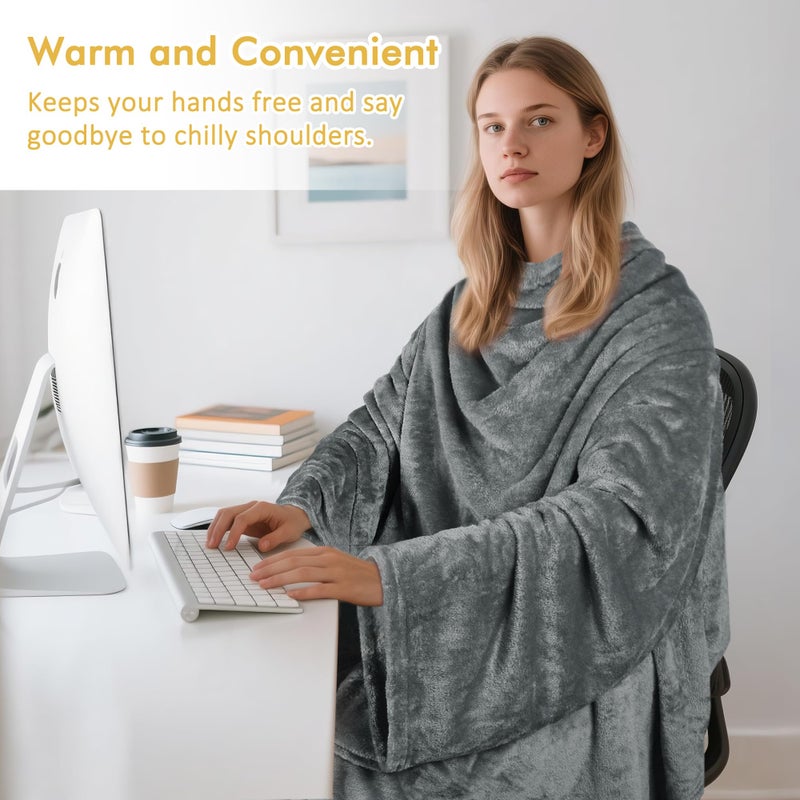 Catalonia Wearable Fleece Blanket with Sleeves and Foot Pockets for Adult Women Men, Micro Plush Comfy Wrap Sleeved Throw Blanket Robe Large, Grey - Image 3
