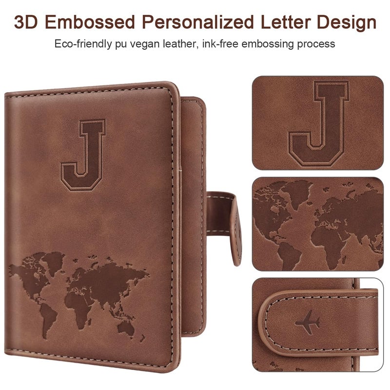 Simikol Passport Holder Wallet Cover Personalized Letter A-Z Travel Wallet RFID Blocking Passport Cover Wallet Case for Travel Passport Book Holders for Women and Men, Brown-J - Image 3