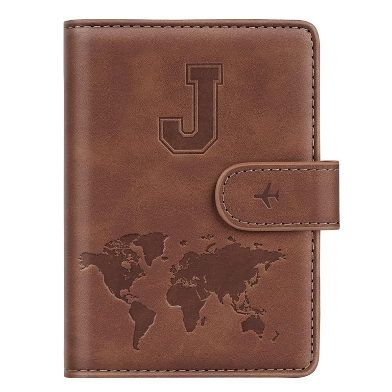 Simikol Passport Holder Wallet Cover Personalized Letter A-Z Travel Wallet RFID Blocking Passport Cover Wallet Case for Travel Passport Book Holders for Women and Men, Brown-J - Image 1