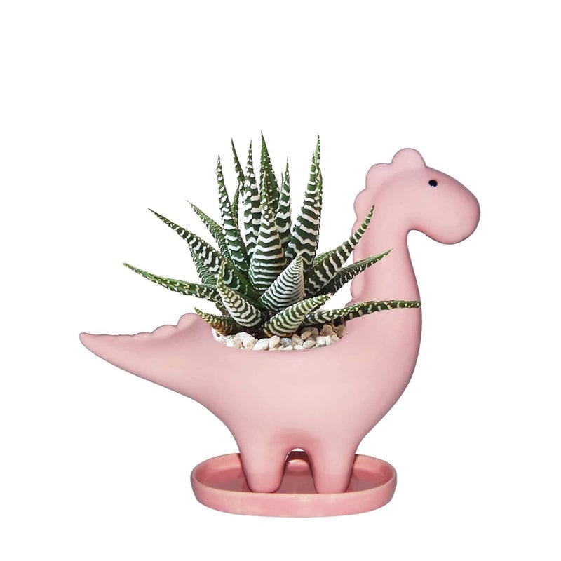 SOLARAE وعاء زراعة نباتات بشكل ديناصور - وعاء خزفي مع صينية تصريف - وعاء متعدد الاستخدامات لنباتات البونساي - وعاء إبداعي لنباتات الصبار مع فتحة تصريف - ديكور للمنزل والمكتب والحديقة - Image 1