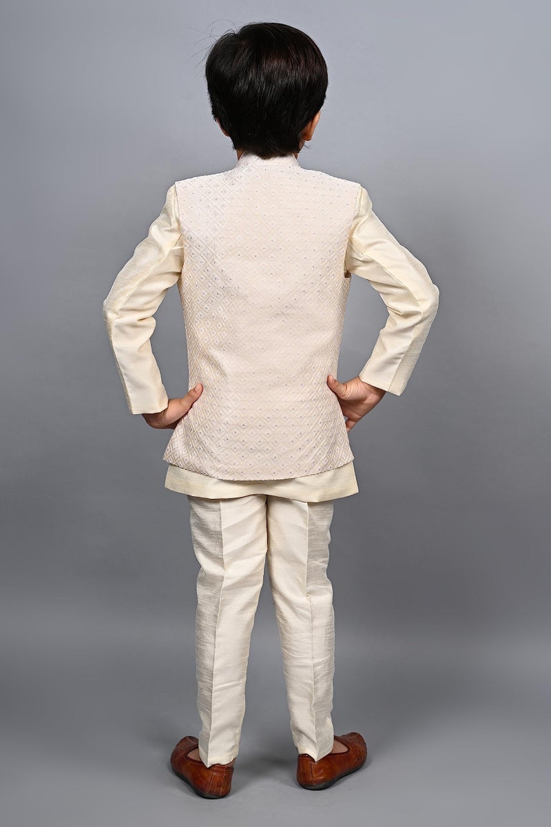 AHHAAAA Kids Indian Ethnic Silk Blend Waistcoat Kurta Pyjama Set Traditional Bollywood Style Wedding Sherwani for Boys Cream - Image 5