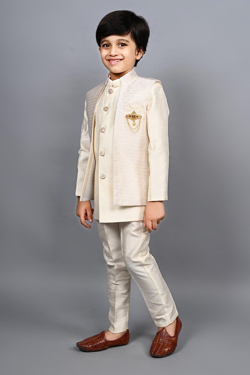 AHHAAAA Kids Indian Ethnic Silk Blend Waistcoat Kurta Pyjama Set Traditional Bollywood Style Wedding Sherwani for Boys Cream - Image 3