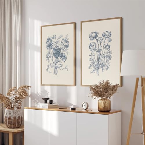 Tanmart Blue Floral Wall Art Decor Vintage Flower Canvas Pictures Boho Botanical Wall Art Prints Minimalist Floral Poster Rustic Flower Painting for Bedroom Bathroom 12x16 Inch Unframed Set of 2 - Image 4