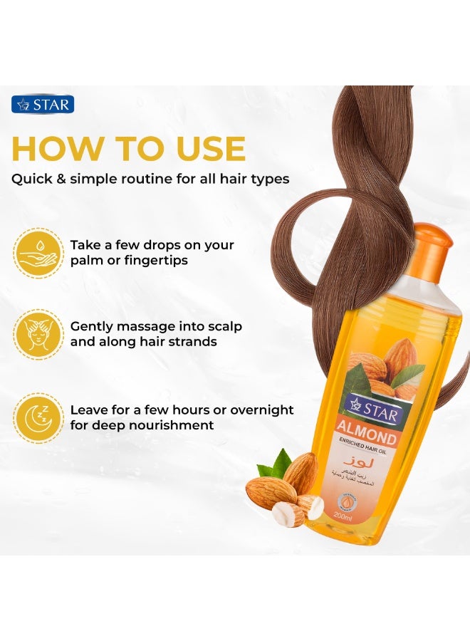 SZ Star Organic Almond Oil For Hair Growth – Daily Moisturizing Hair Oil – Nourishing & Hydrating Formula for Soft, Shiny Hair – Repairs Damage, Controls Frizz, and Boosts Hair Health – For All Hair Types (200ml) - Image 4