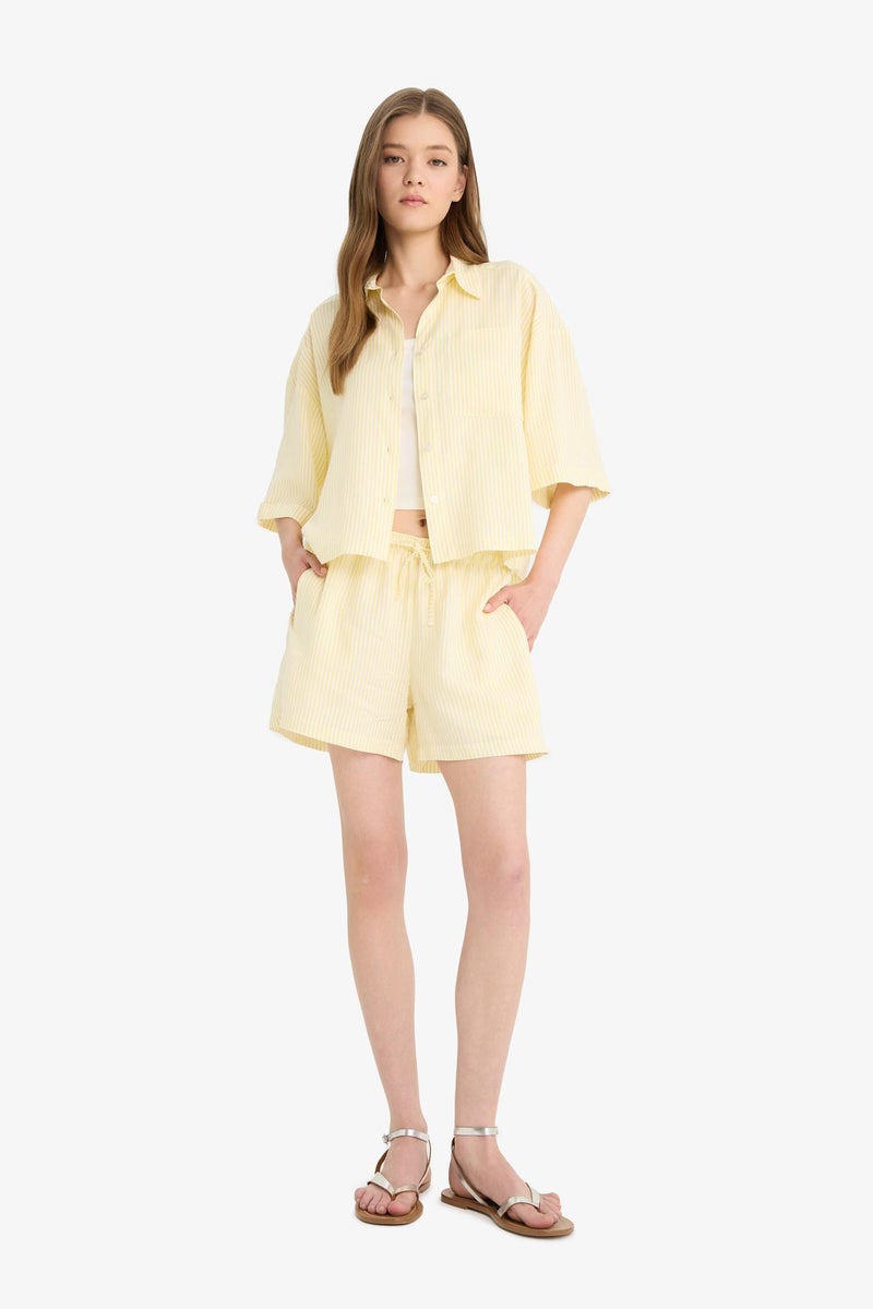 DeFacto Yellow Woman Oversize Shirt Collar Linen Blended Short Sleeve Shirt Casual - Image 3
