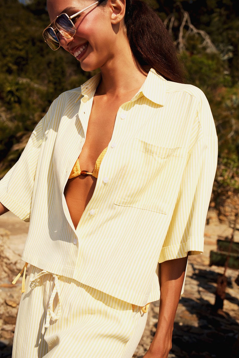 DeFacto Yellow Woman Oversize Shirt Collar Linen Blended Short Sleeve Shirt Casual - Image 1