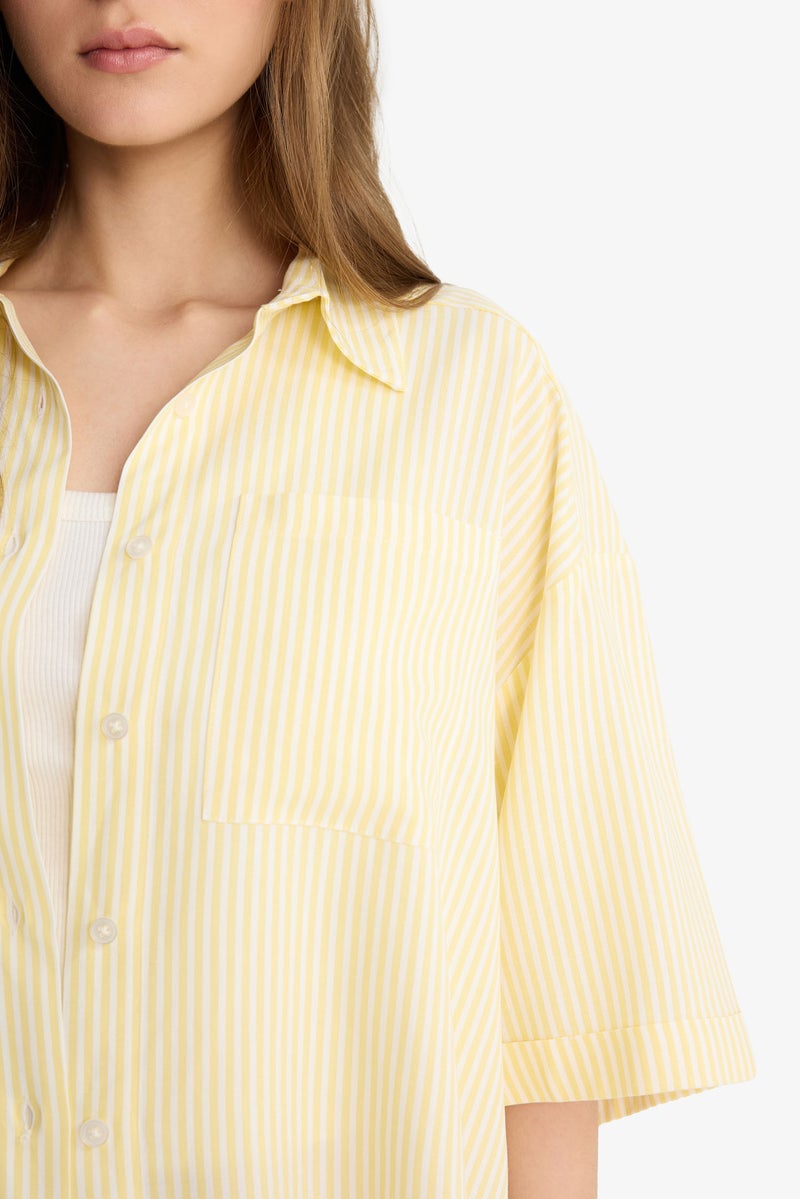 DeFacto Yellow Woman Oversize Shirt Collar Linen Blended Short Sleeve Shirt Casual - Image 5