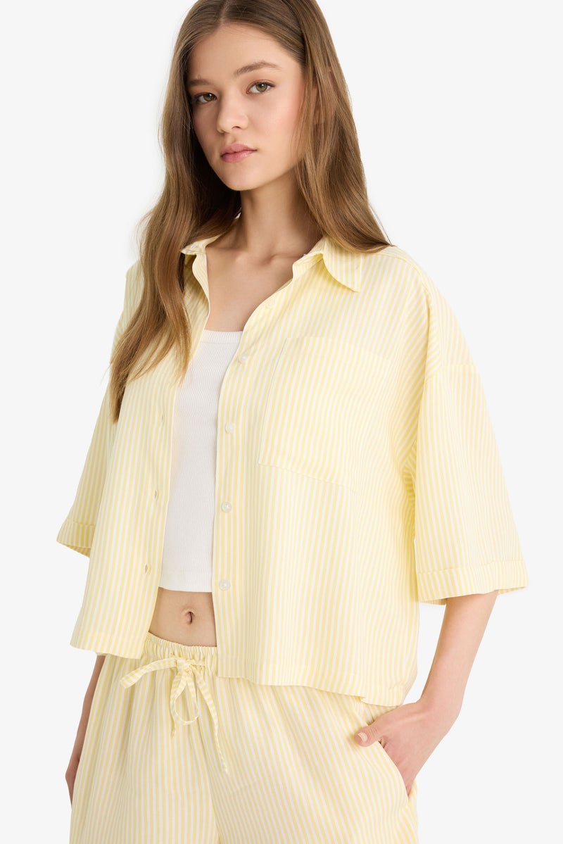 DeFacto Yellow Woman Oversize Shirt Collar Linen Blended Short Sleeve Shirt Casual - Image 2