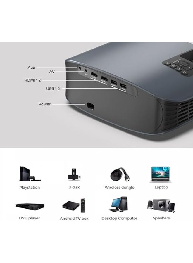 Portable LED projector with full HD display, 200 inch screen, built in WiFi and smart system for home and outdoor use, one year warranty, black - Image 2