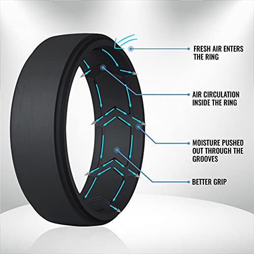 ROQ Silicone Rubber Wedding Ring for Men, Comfort Fit, Men's Wedding Band, Rubber Engagement Band, Enhanced Breathability, Step Brushed Top, 8mm Wide 2mm Thick, Single, Black, Size 7 - Image 2