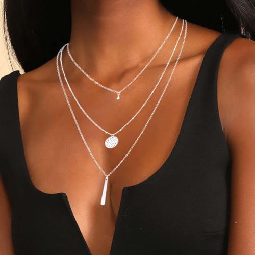 Yalice Multi-Layered Disc Necklace Chain Bar Drop Pendant Necklaces Coin Jewelry for Women (Silver) - Image 4