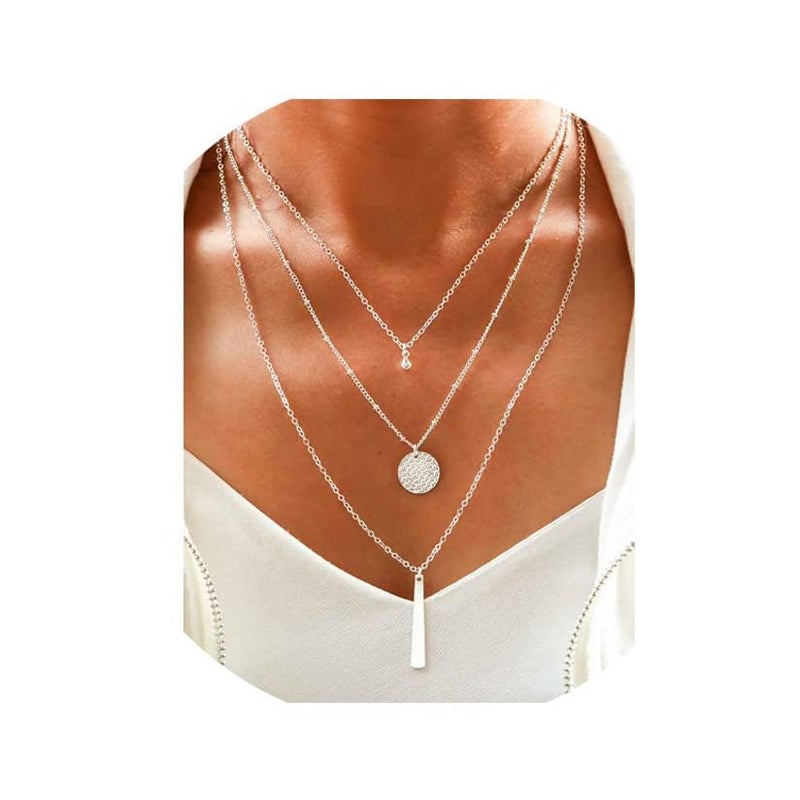 Yalice Multi-Layered Disc Necklace Chain Bar Drop Pendant Necklaces Coin Jewelry for Women (Silver) - Image 2