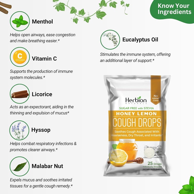 HERBION Naturals Cough Drops Sugar Free with Stevia Dietary Supplement Soothes Cough for Adults  Children Over 6 Years 25 Count Honey Lemon Pack of 1 - Image 2
