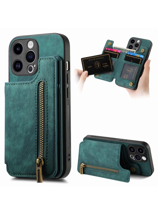حافظة هاتف خلفية بمحفظة جلدية بسحاب لهاتف آيفون 12 برو ماكس (أخضر)