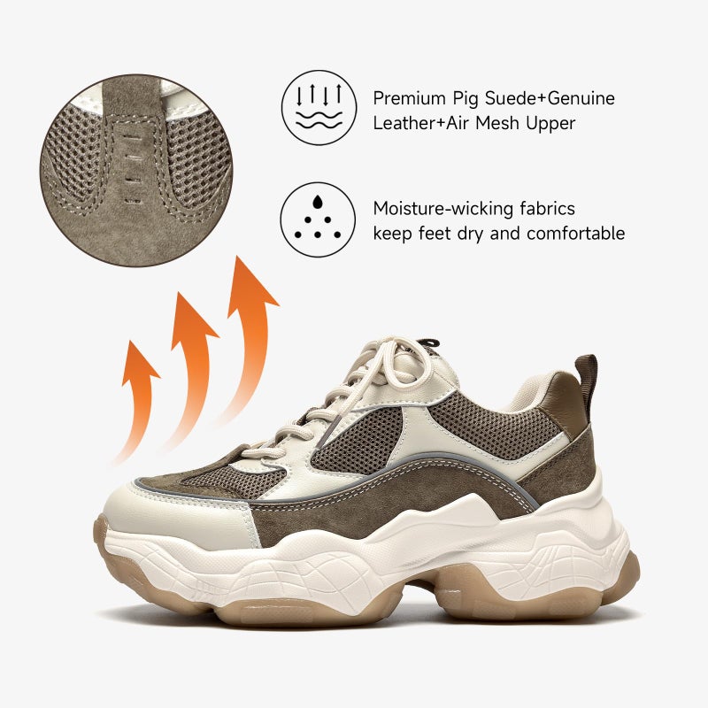 BEAU TODAY Chunky Sneakers for Women, Womens Fashion Sneakers, Lace Up Platform Comfortable Leather Casual Dad Shoes Beige Brown US 7.5 - Image 5