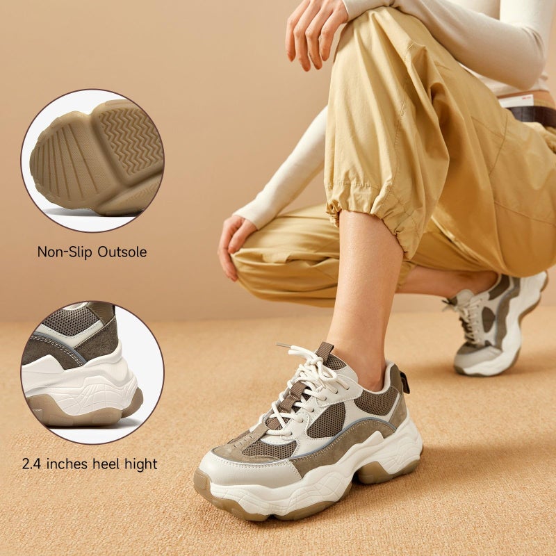 BEAU TODAY Chunky Sneakers for Women, Womens Fashion Sneakers, Lace Up Platform Comfortable Leather Casual Dad Shoes Beige Brown US 7.5 - Image 4