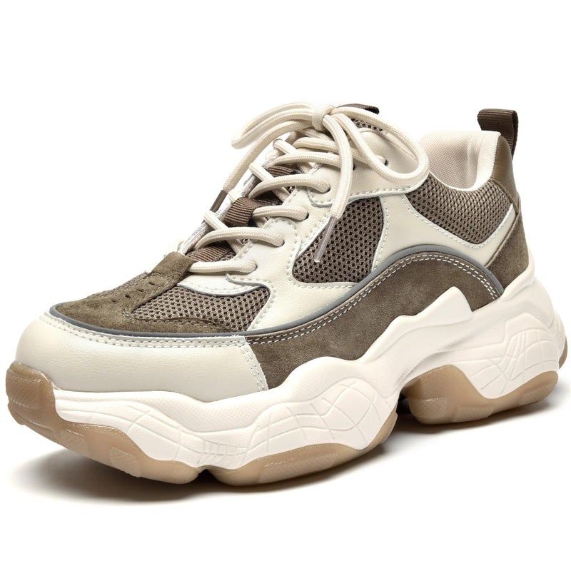 BEAU TODAY Chunky Sneakers for Women, Womens Fashion Sneakers, Lace Up Platform Comfortable Leather Casual Dad Shoes Beige Brown US 7.5 - Image 1