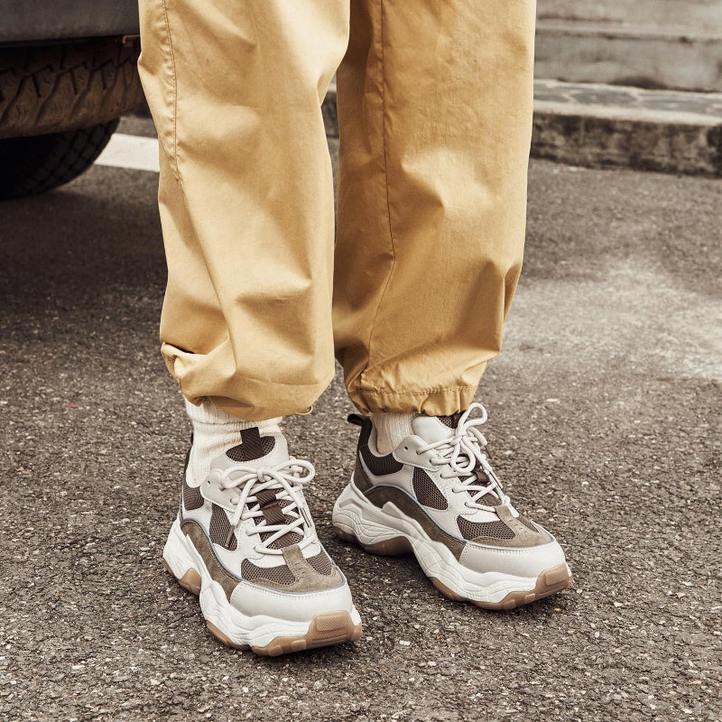BEAU TODAY Chunky Sneakers for Women, Womens Fashion Sneakers, Lace Up Platform Comfortable Leather Casual Dad Shoes Beige Brown US 7.5 - Image 3