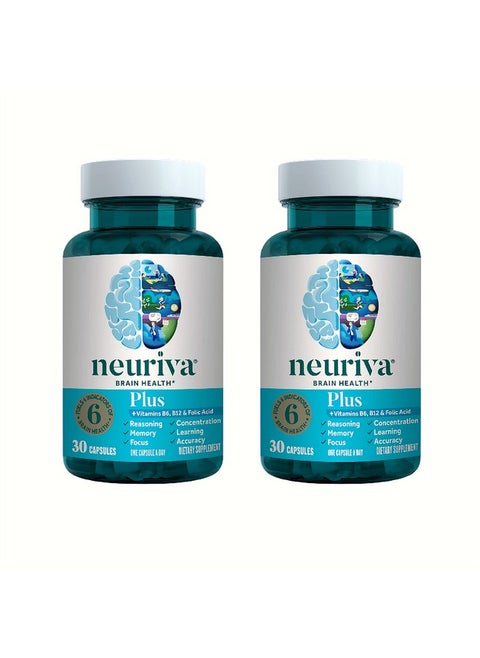 NEURIVA Nootropic Brain Support Supplement Plus Capsules (30ct Bottle) Phosphatidylserine, B6, B12, Folic Acid - Supports Focus, Memory, Learning, Accuracy, Concentration & Reasoning (Pack of 2)