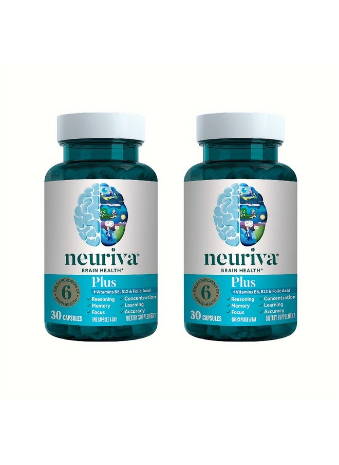 NEURIVA - NEURIVA Nootropic Brain Support Supplement Plus Capsules (30ct Bottle) Phosphatidylserine, B6, B12, Folic Acid - Supports Focus, Memory, Learning, Accuracy, Concentration & Reasoning (Pack of 2) - Image 1