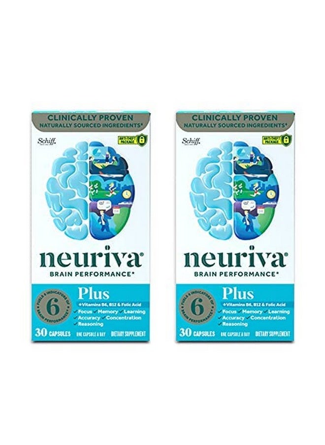 NEURIVA - NEURIVA Nootropic Brain Support Supplement Plus Capsules (30ct Bottle) Phosphatidylserine, B6, B12, Folic Acid - Supports Focus, Memory, Learning, Accuracy, Concentration & Reasoning (Pack of 2) - Image 1